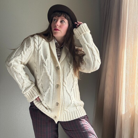 Vintage 90s Paul James Cream Wool Shawl Collar Cardigan Sweater | Size M/L - Picture 1 of 10